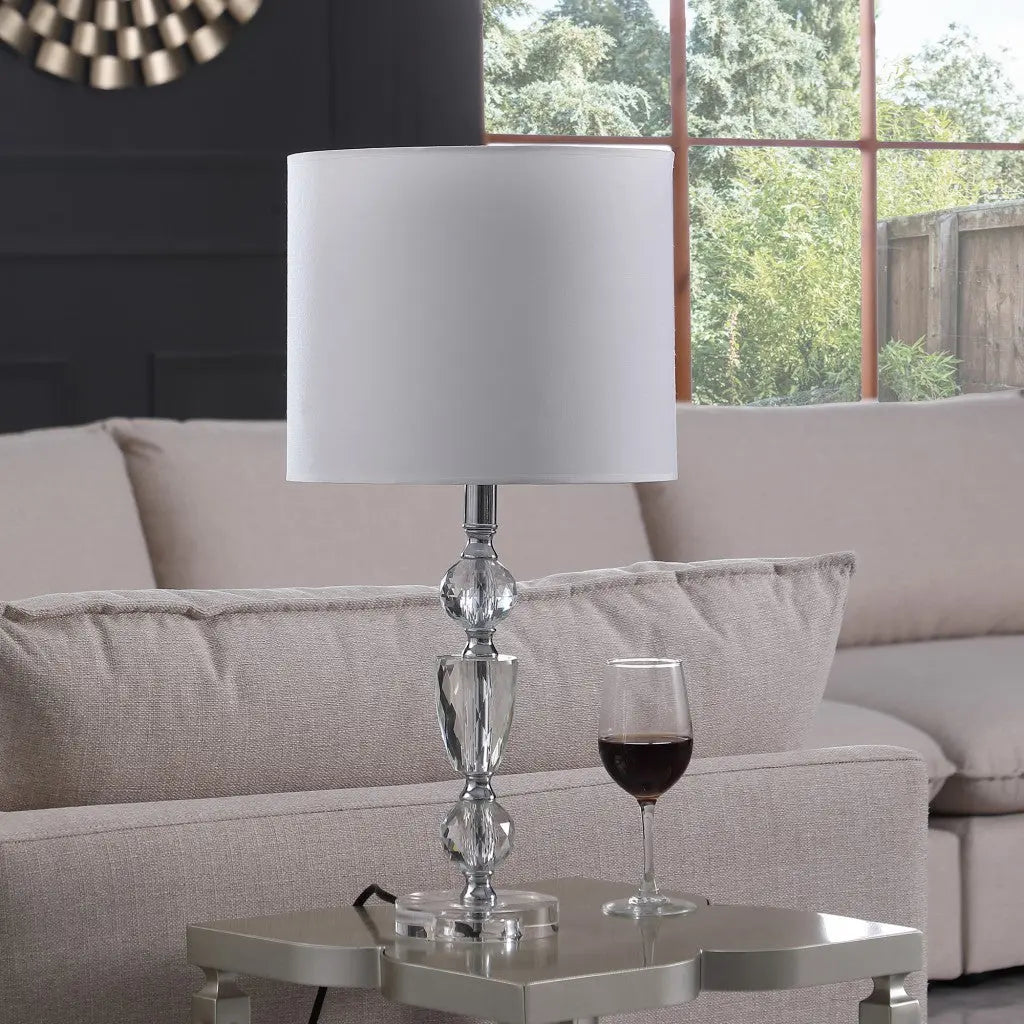 24" Clear And Silver Faux Crystal And Metal Table Lamp With White Drum Shade Homeroots Lighting