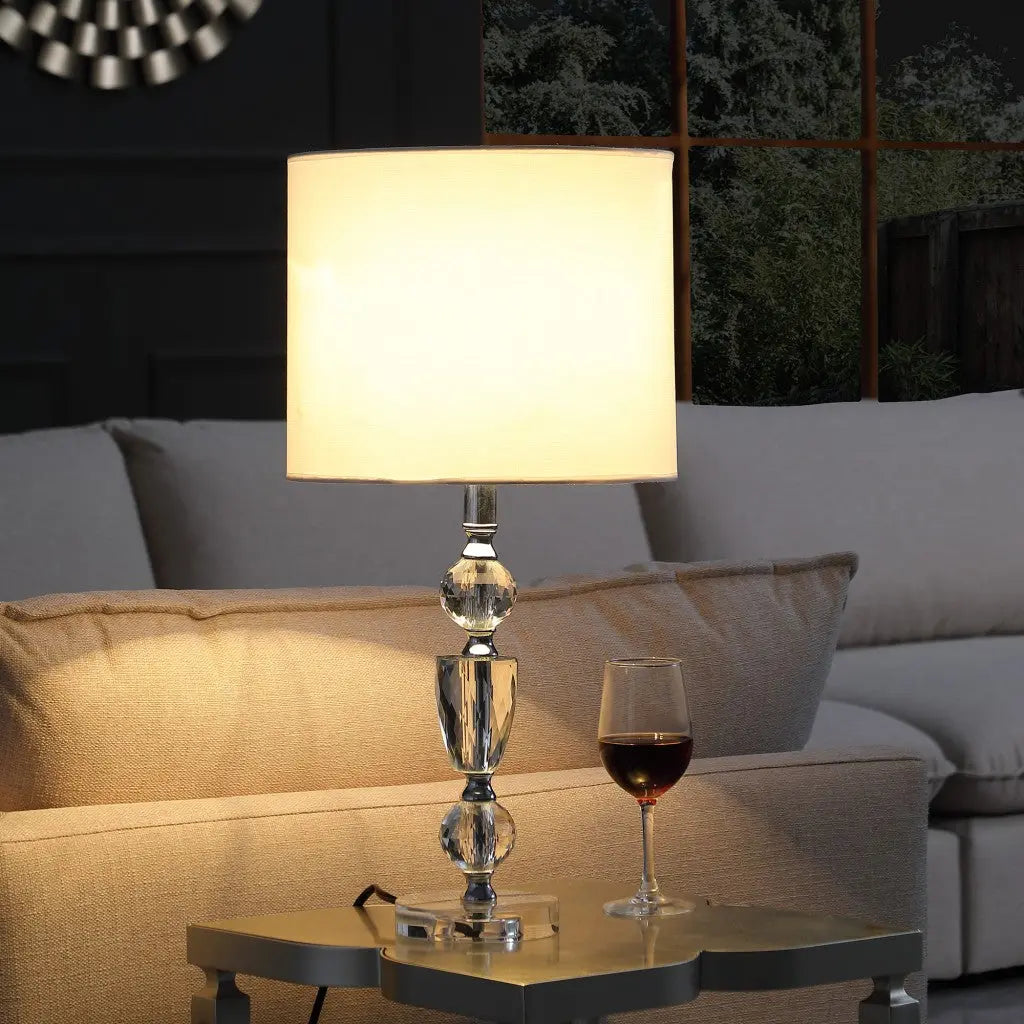 24" Clear And Silver Faux Crystal And Metal Table Lamp With White Drum Shade Homeroots Lighting