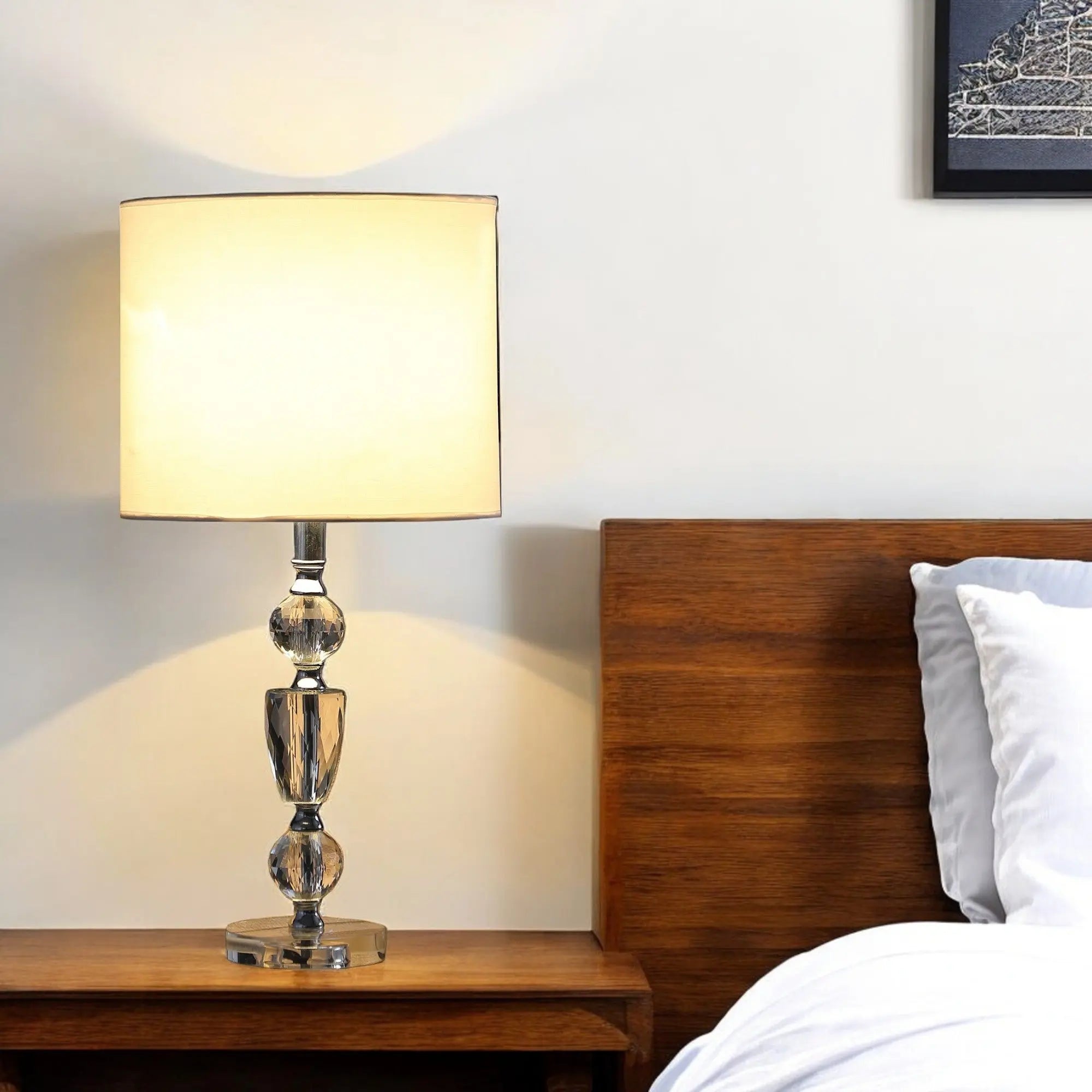 24" Clear And Silver Faux Crystal And Metal Table Lamp With White Drum Shade Homeroots Lighting