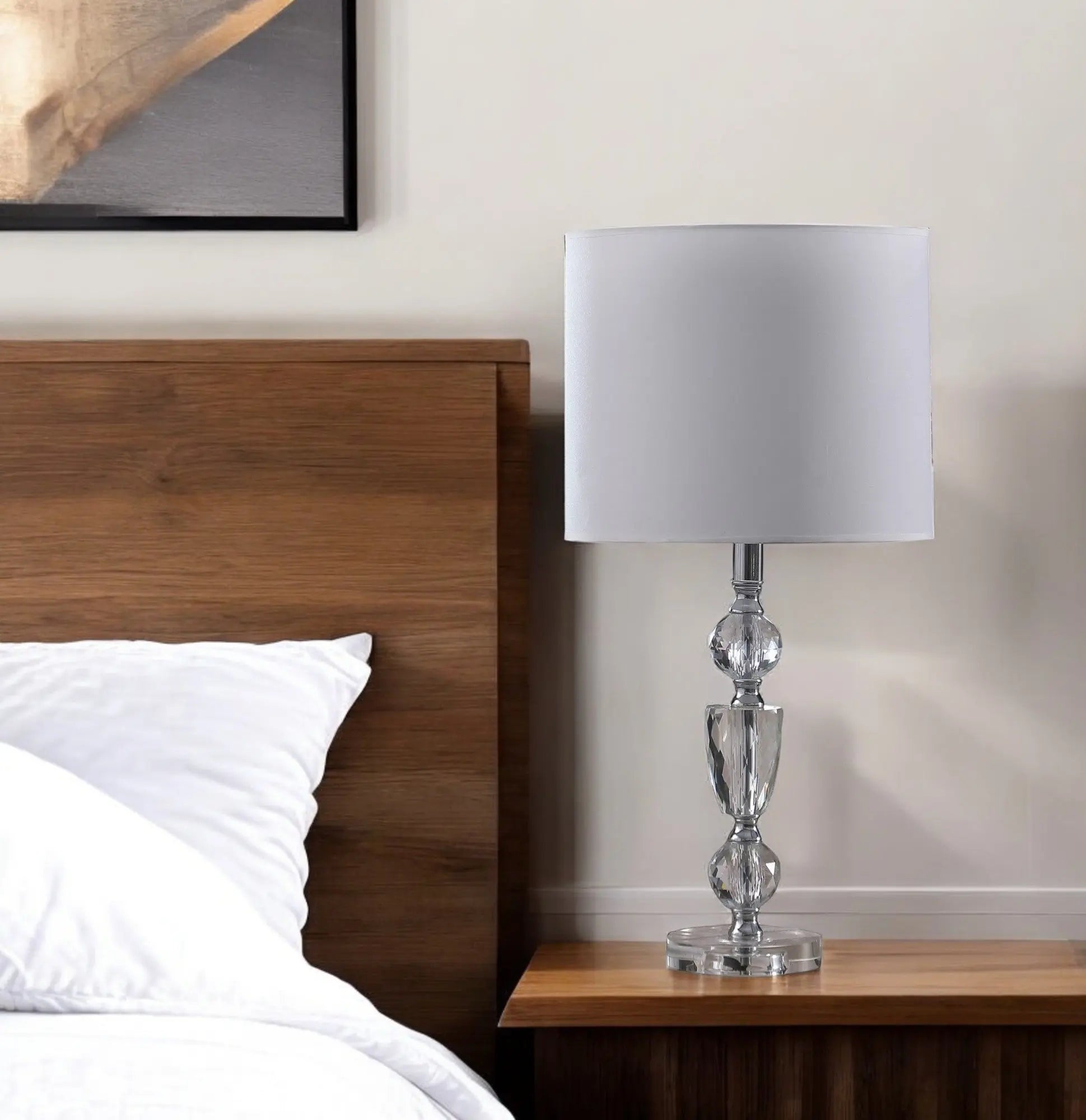 24" Clear And Silver Faux Crystal And Metal Table Lamp With White Drum Shade Homeroots Lighting