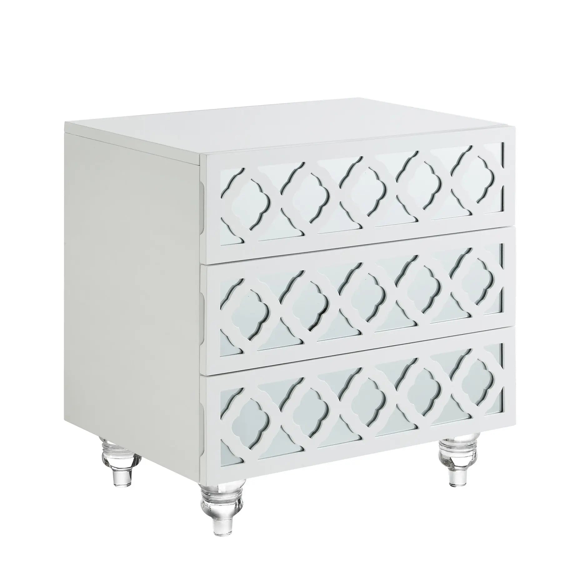 24" Clear And White Wood Mirrored End Table With Three Drawers Homeroots