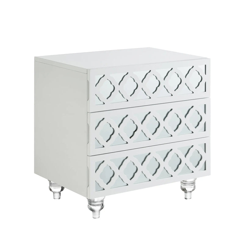 24" Clear And White Wood Mirrored End Table With Three Drawers Homeroots