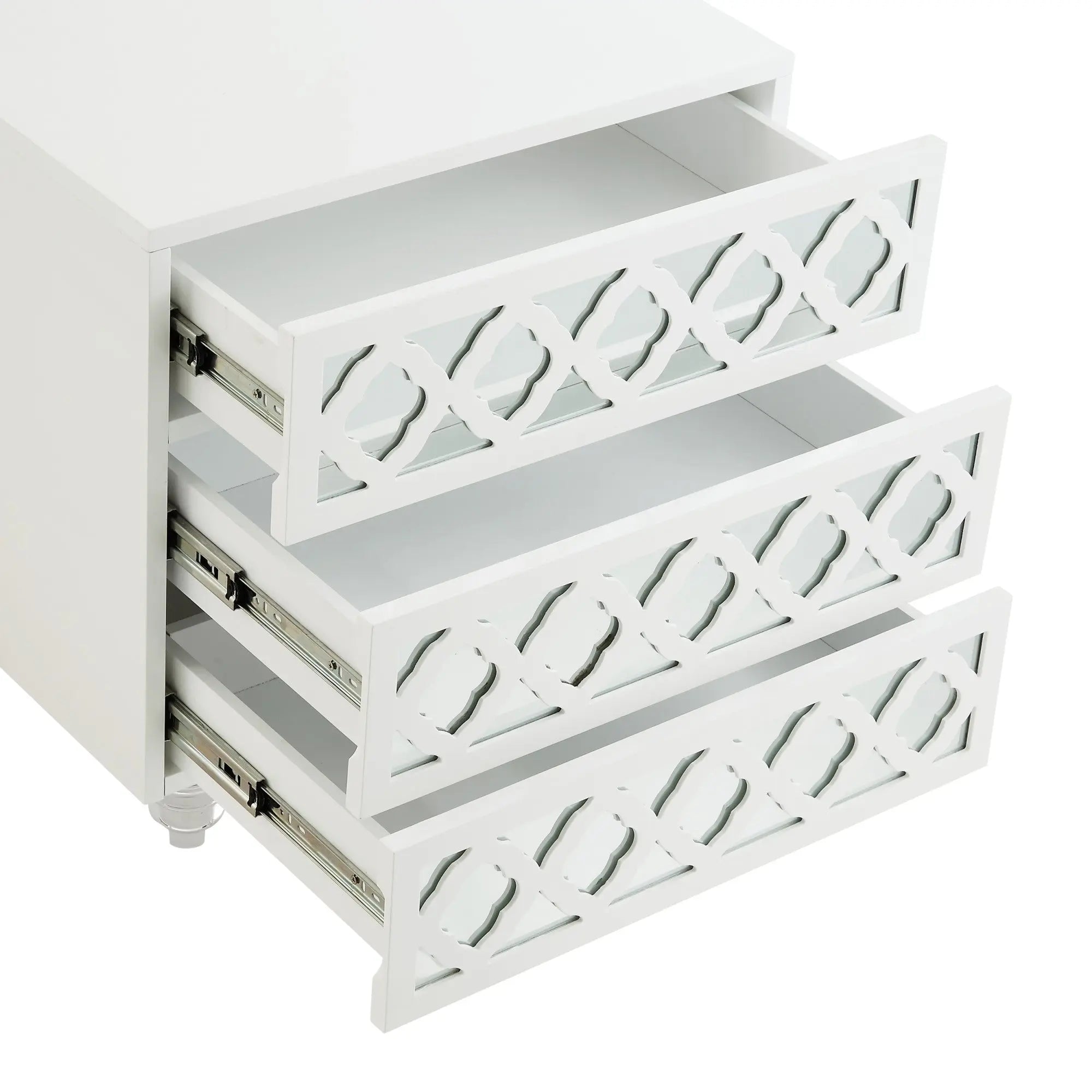 24" Clear And White Wood Mirrored End Table With Three Drawers Homeroots