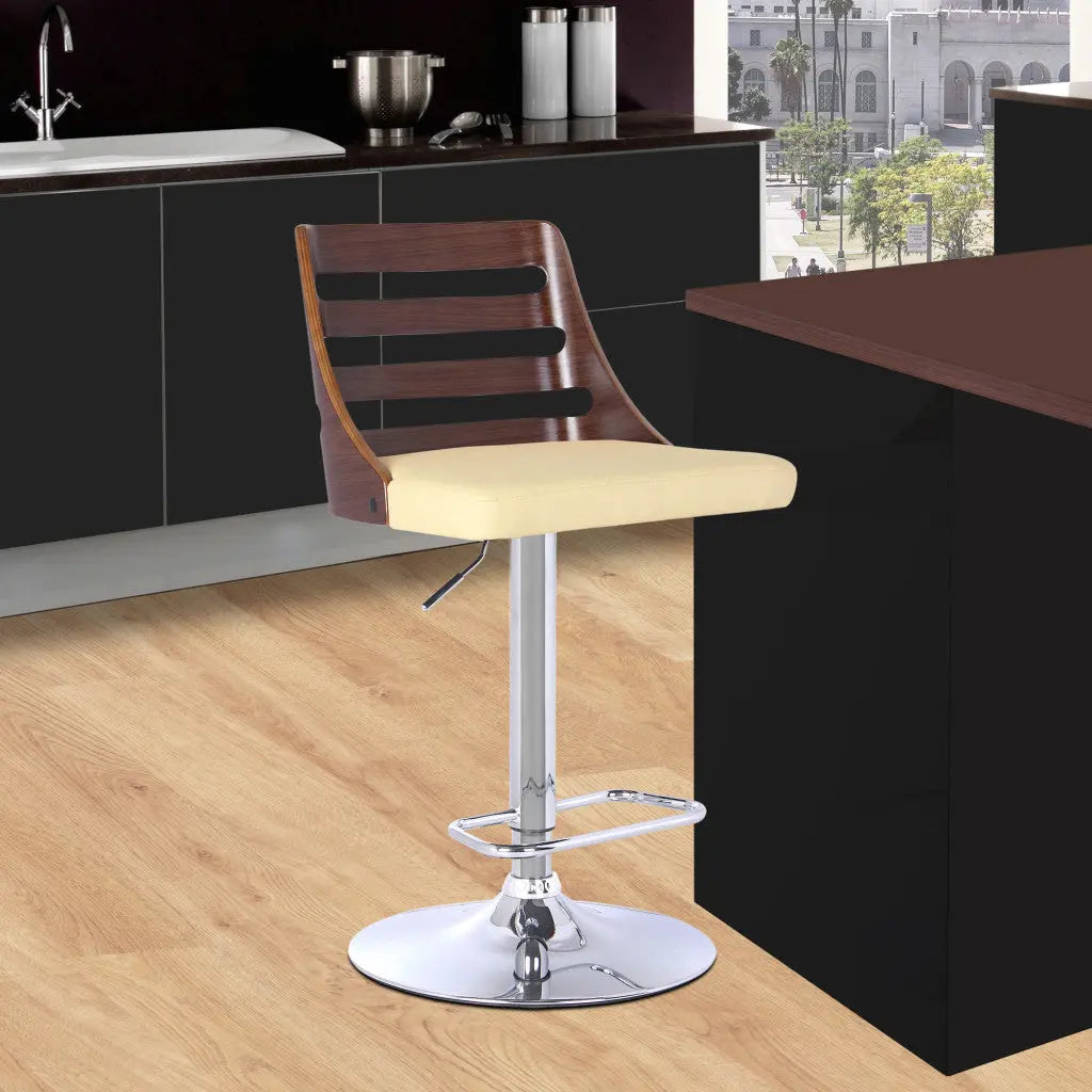 24" Cream And Silver Faux Leather And Iron Low Back Adjustable Height Bar Chair - GreatEagleInc