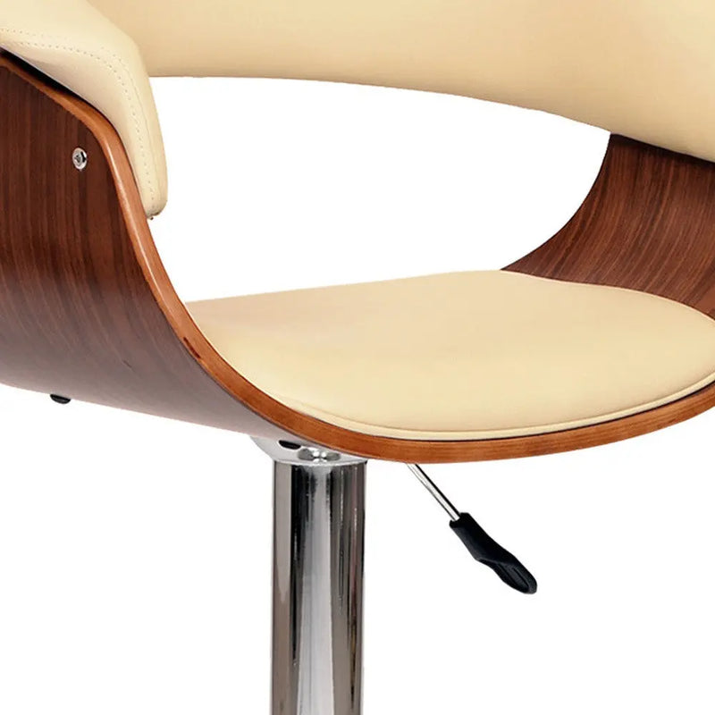24" Cream And Silver Faux Leather And Solid Wood Swivel Low Back Adjustable Height Bar Chair - GreatEagleInc