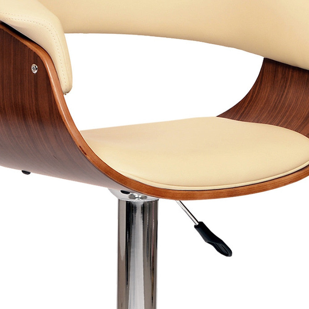 24" Cream And Silver Faux Leather And Solid Wood Swivel Low Back Adjustable Height Bar Chair - GreatEagleInc