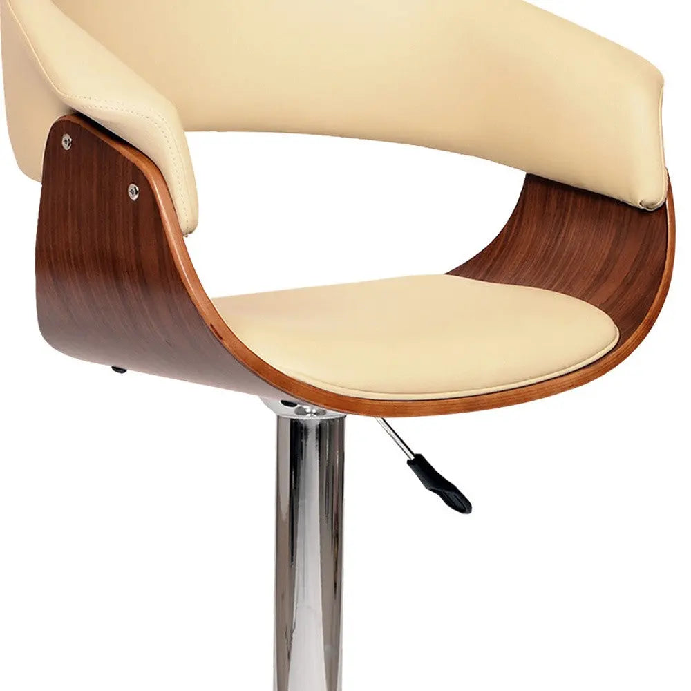 24" Cream And Silver Faux Leather And Solid Wood Swivel Low Back Adjustable Height Bar Chair - GreatEagleInc