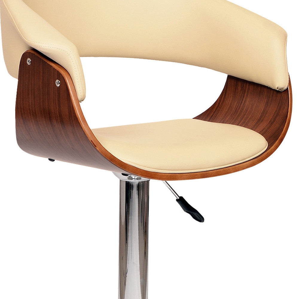 24" Cream And Silver Faux Leather And Solid Wood Swivel Low Back Adjustable Height Bar Chair - GreatEagleInc