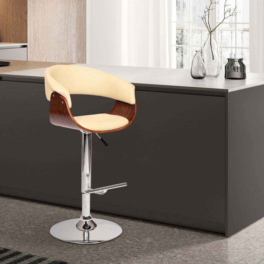 24" Cream And Silver Faux Leather And Solid Wood Swivel Low Back Adjustable Height Bar Chair - GreatEagleInc
