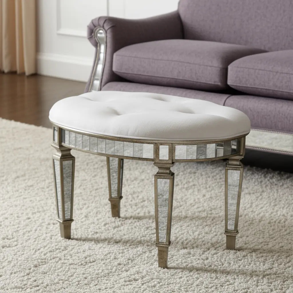 24" Cream Linen And Silver Metallic Round Ottoman Homeroots Living Room