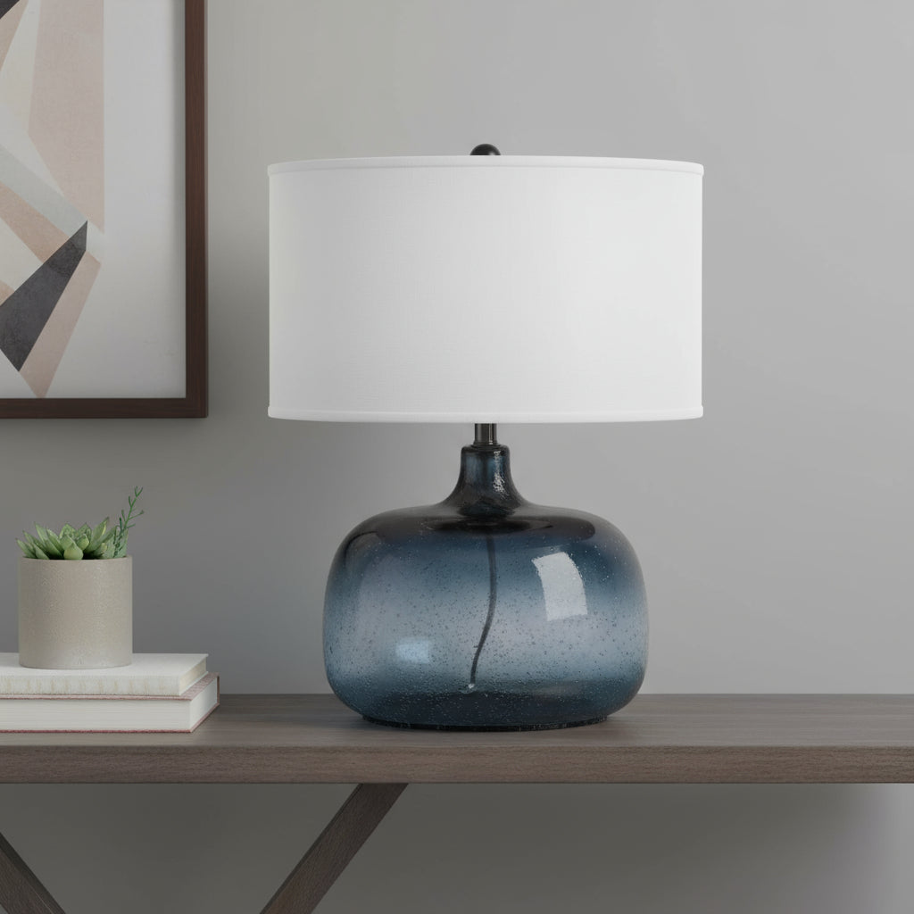 24" Dark Blue Glass Table Lamp With White Novelty Shade - GreatEagleInc