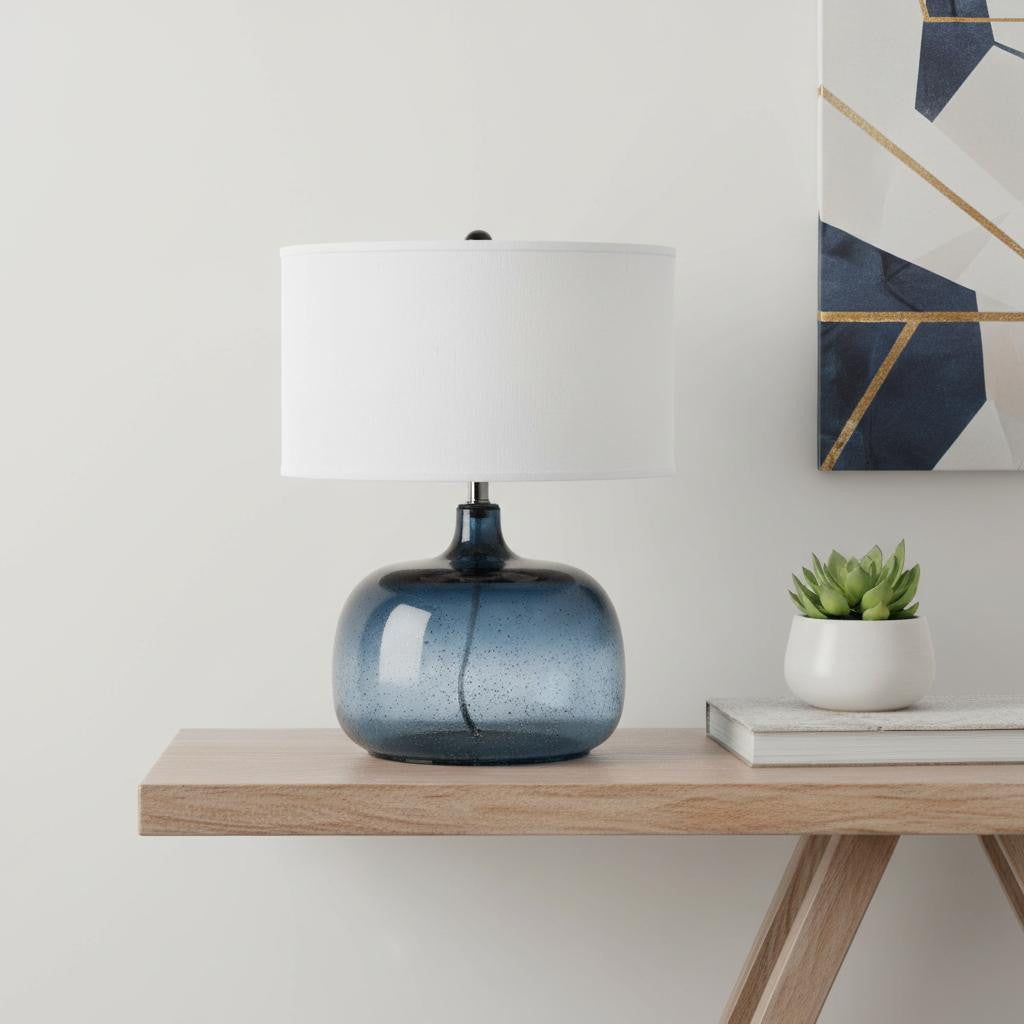 24" Dark Blue Glass Table Lamp With White Novelty Shade - GreatEagleInc