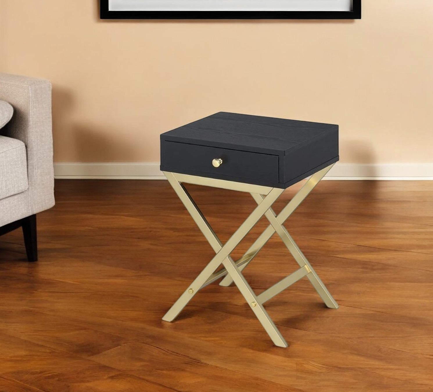 24" Gold And Black Solid Wood End Table With Drawer - GreatEagleInc