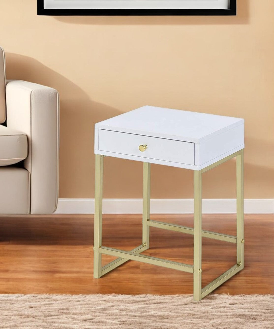 24" Gold And White Solid Wood End Table With Drawer - GreatEagleInc