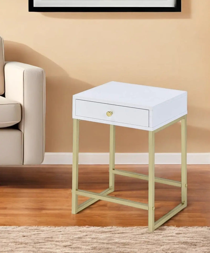 24" Gold And White Solid Wood End Table With Drawer - GreatEagleInc