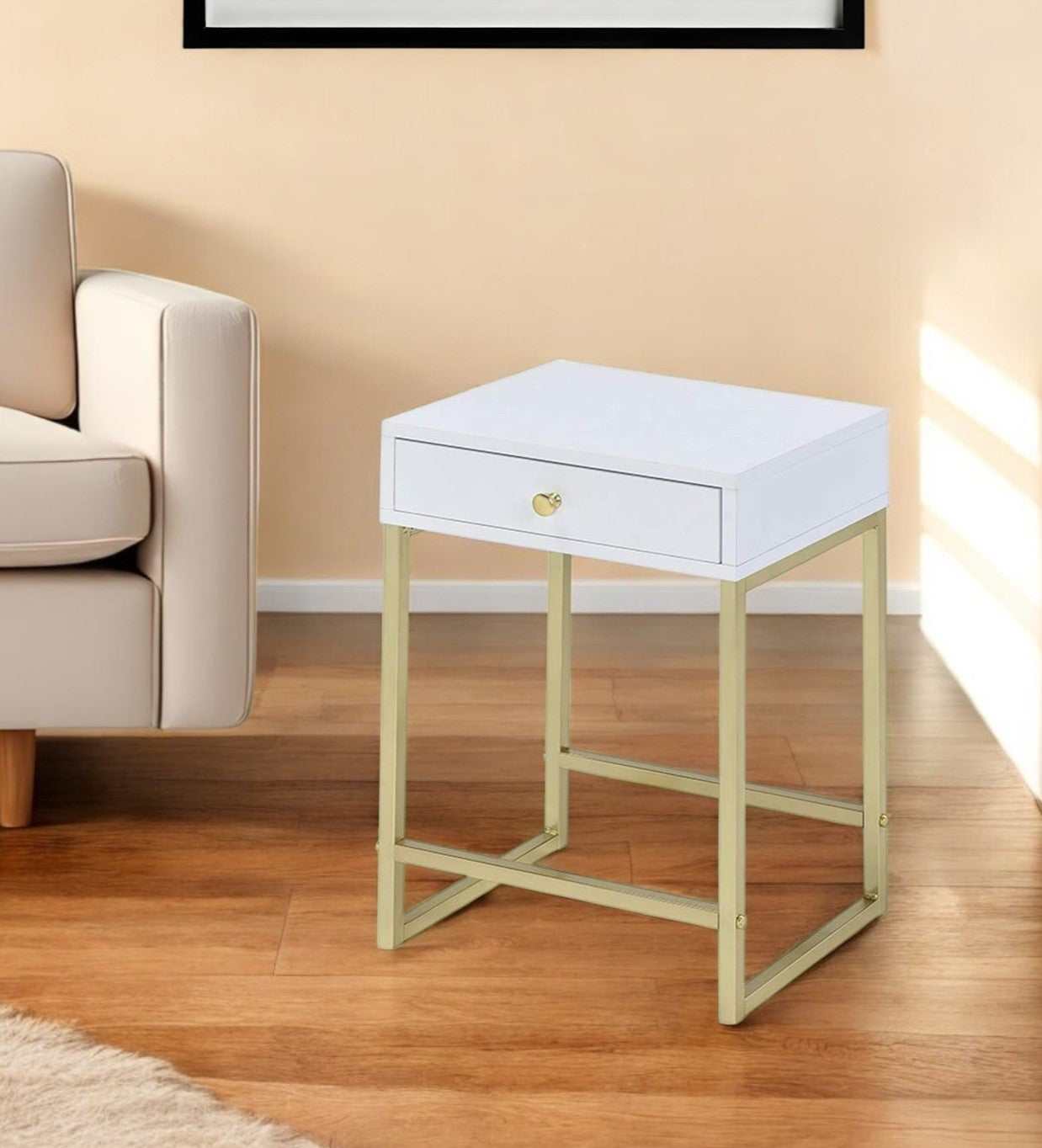24" Gold And White Solid Wood End Table With Drawer - GreatEagleInc