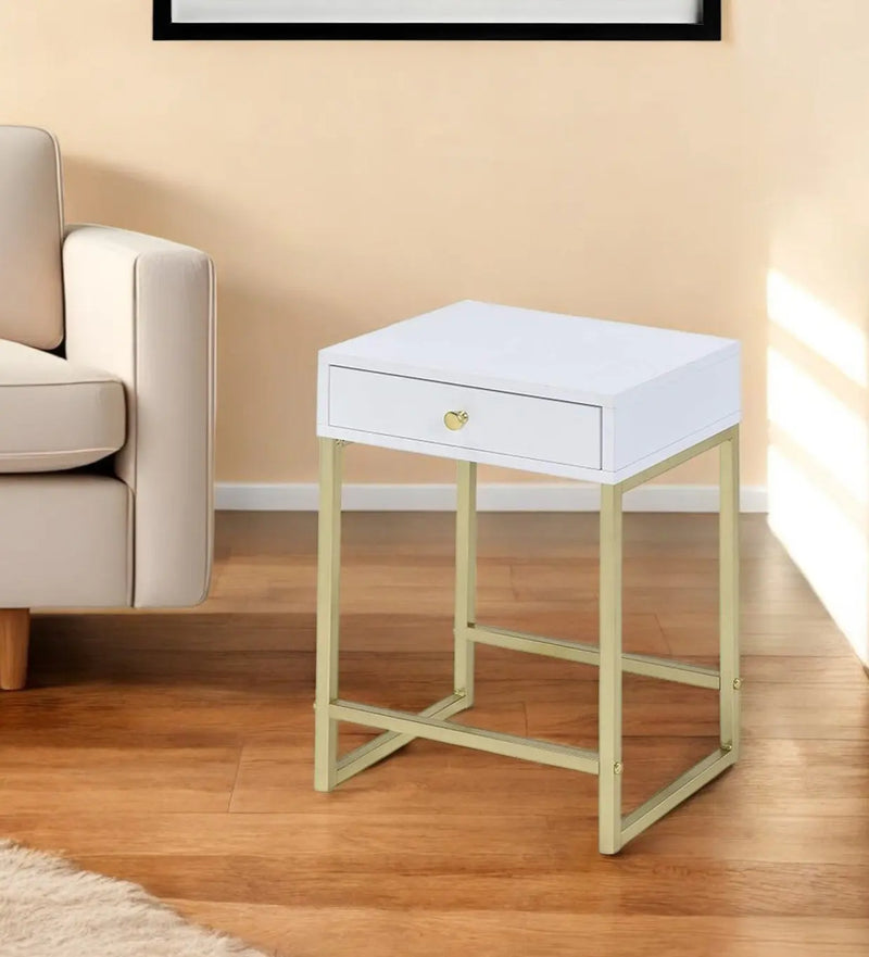 24" Gold And White Solid Wood End Table With Drawer - GreatEagleInc