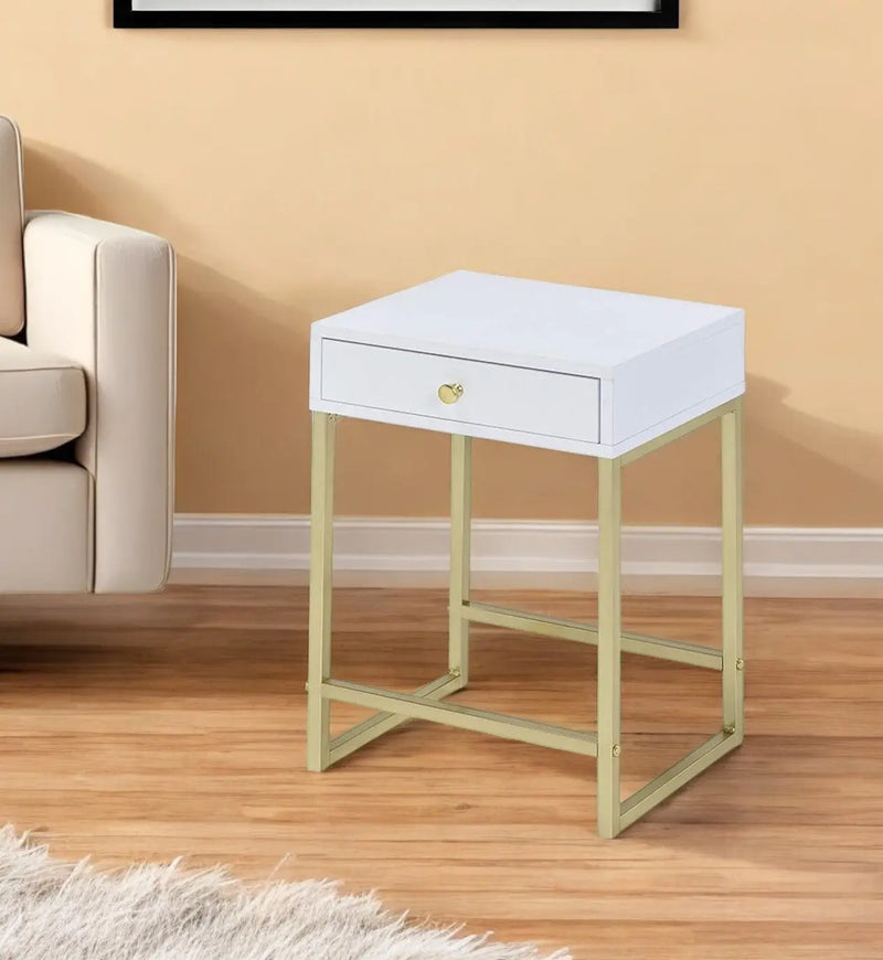24" Gold And White Solid Wood End Table With Drawer - GreatEagleInc