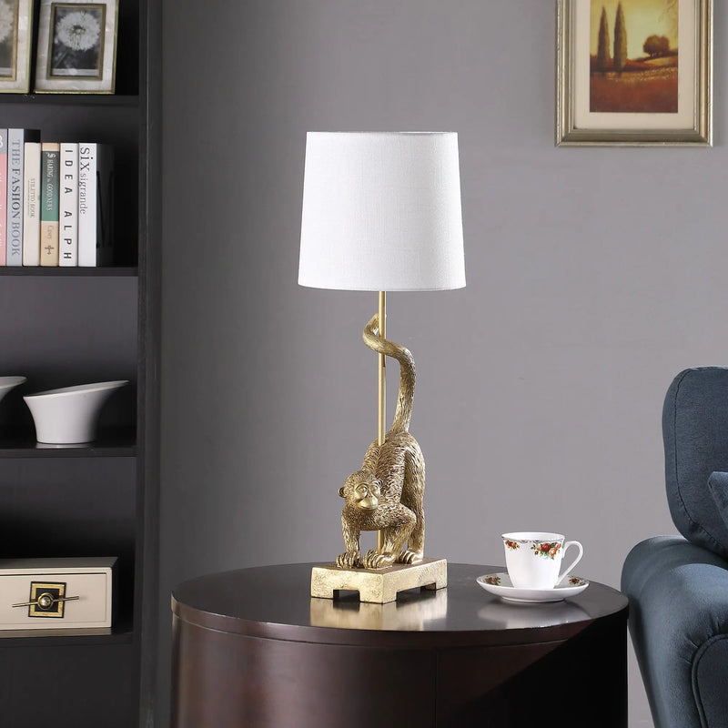 24" Gold Monkey Table Lamp With White Drum Shade - GreatEagleInc