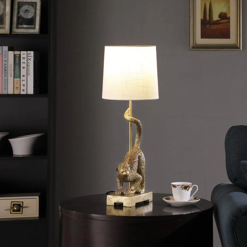 24" Gold Monkey Table Lamp With White Drum Shade - GreatEagleInc