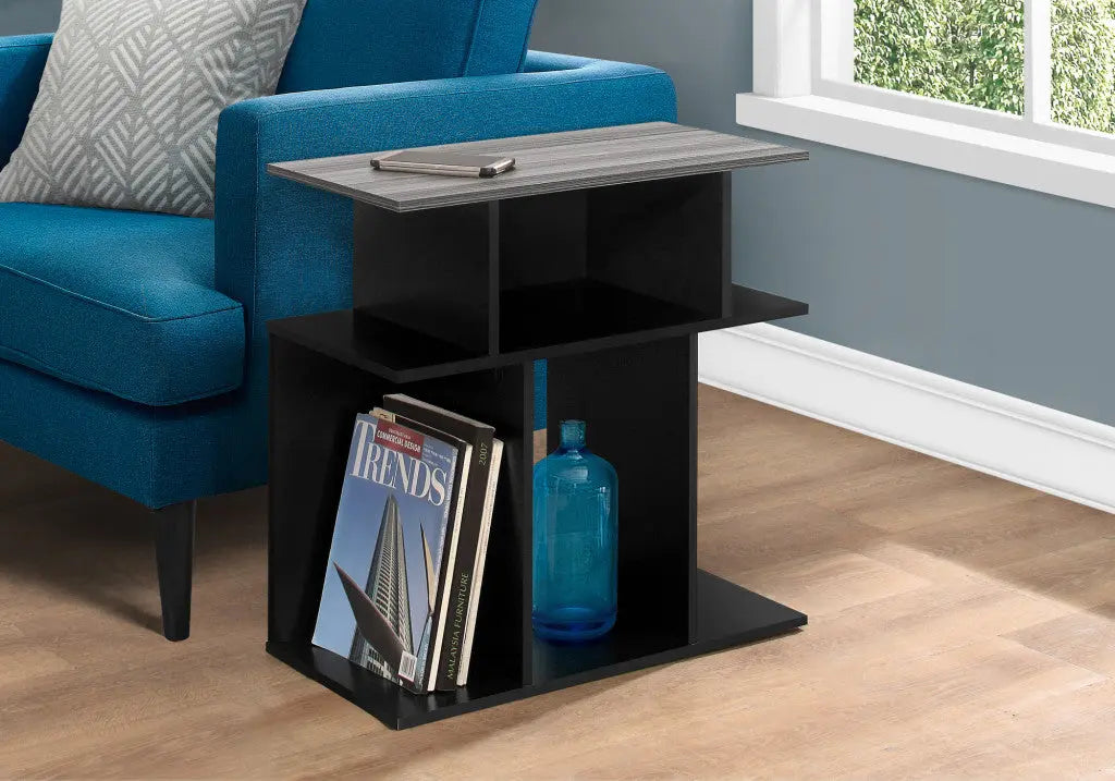 24" Gray and Black Wood Floor Shelf End Table With 6 Homeroots Living Room