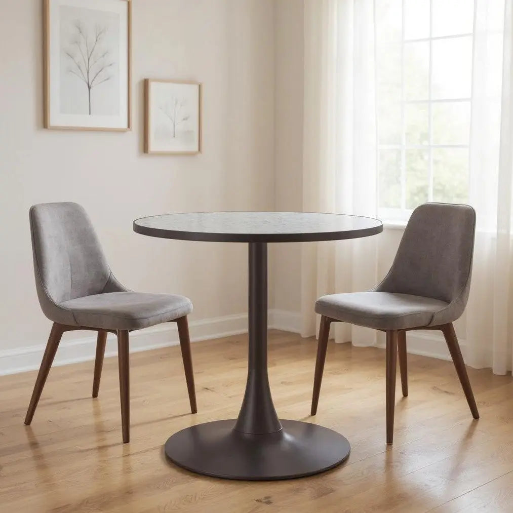 24" Gray and Bronze Wood and Steel Pedestal Base Round Top Dining Table Homeroots Kitchen & Dining