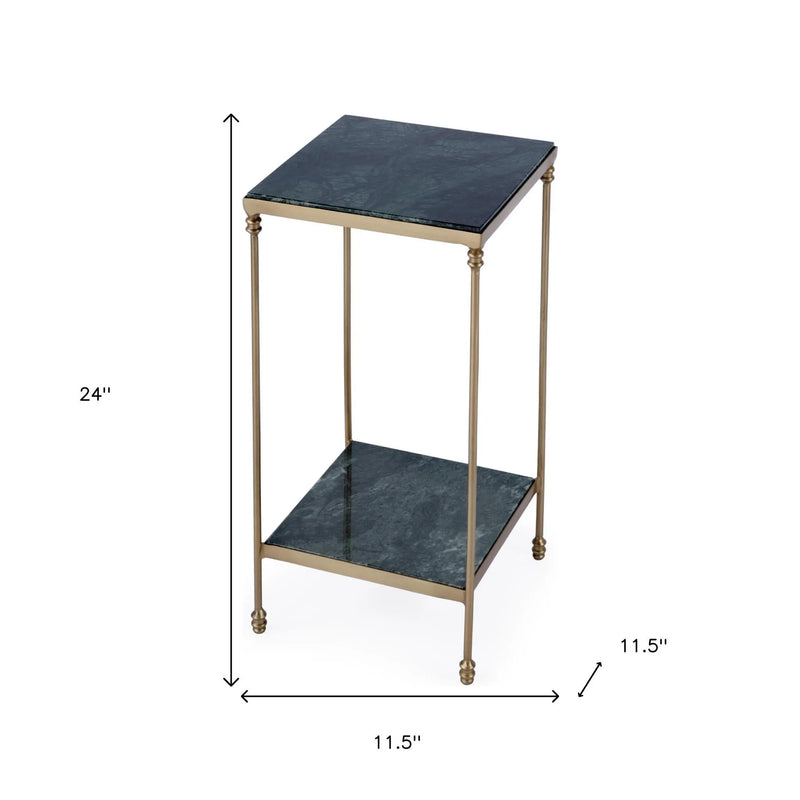 24" Green and Gold Marble and Iron Square End Table With Shelf - GreatEagleInc
