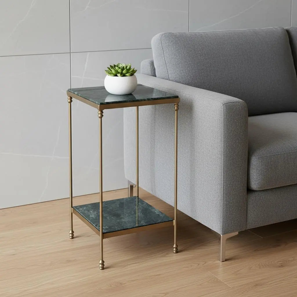 24" Green and Gold Marble and Iron Square End Table With Shelf - GreatEagleInc
