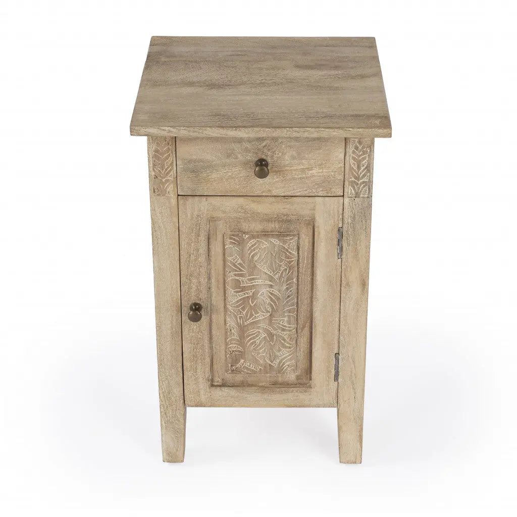 24" Natural Brown Solid Wood End Table With Cabinet and Drawer Homeroots Living Room