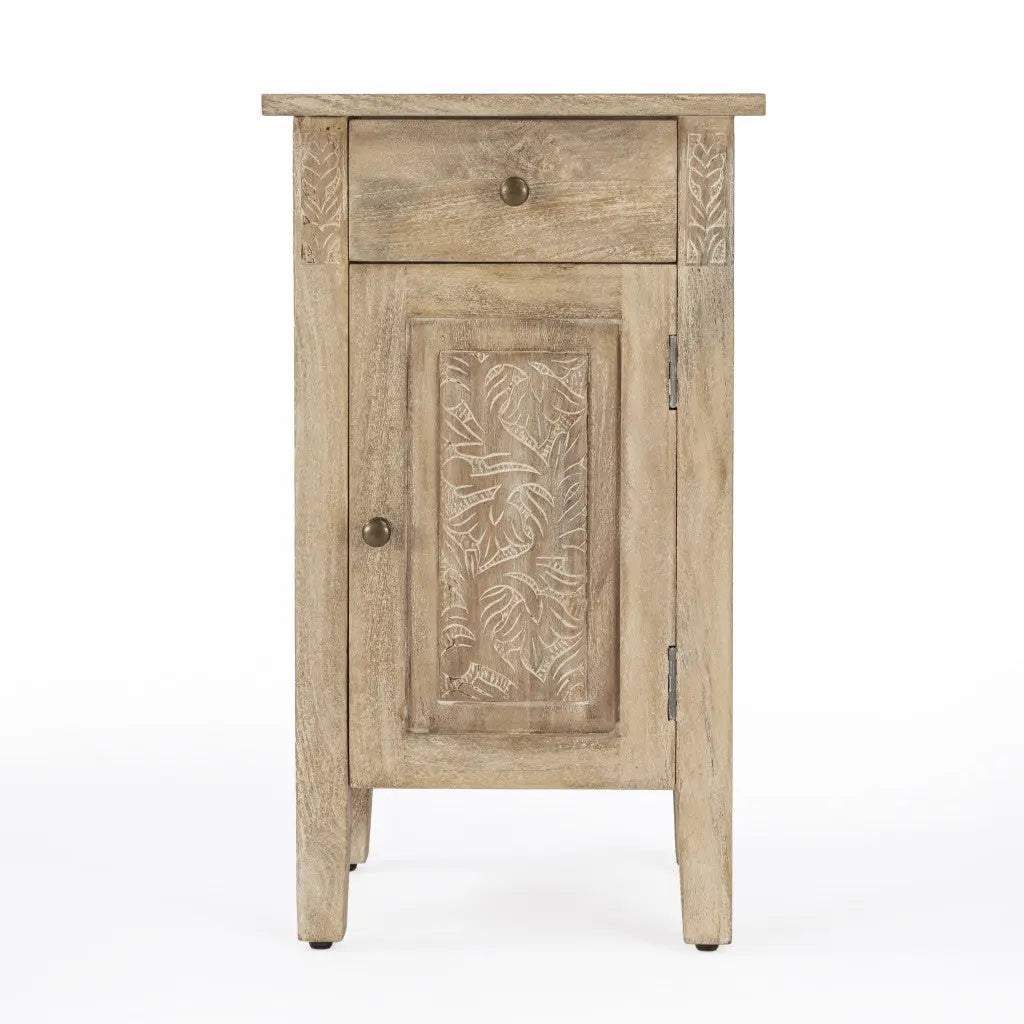 24" Natural Brown Solid Wood End Table With Cabinet and Drawer Homeroots Living Room