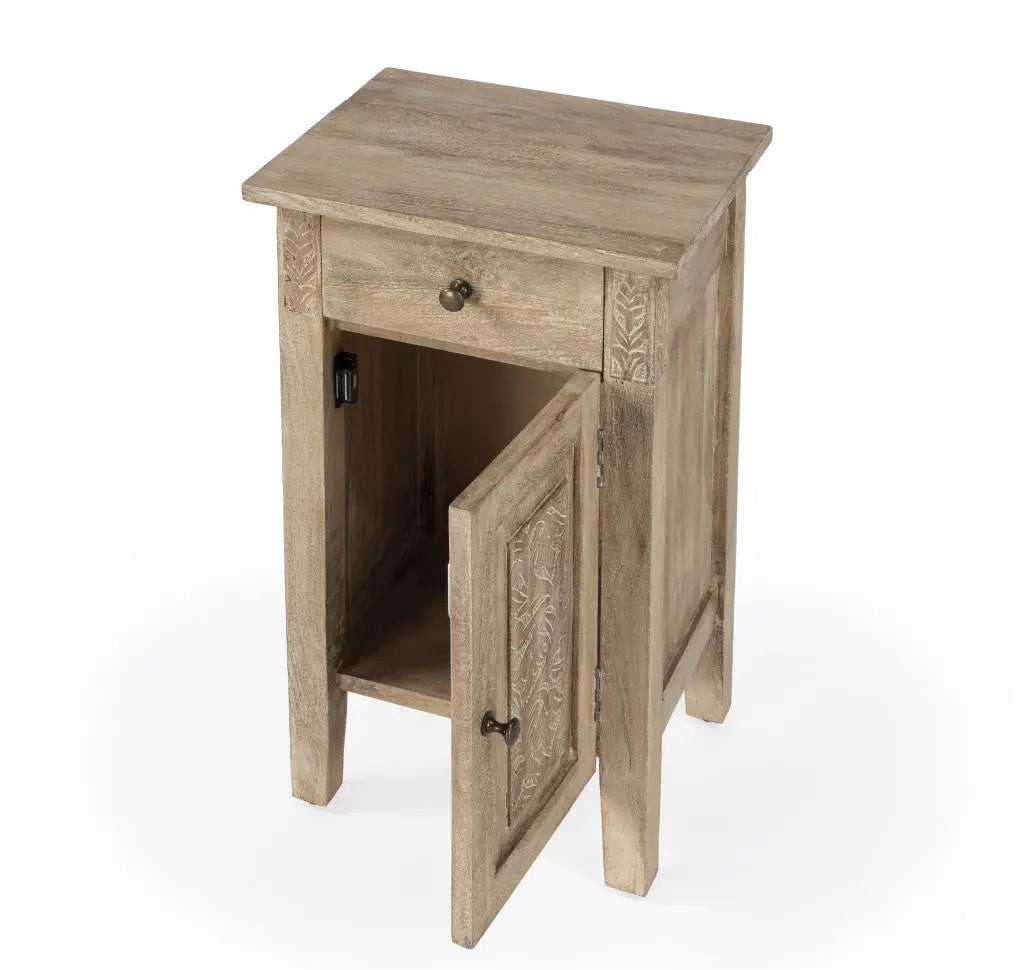 24" Natural Brown Solid Wood End Table With Cabinet and Drawer Homeroots Living Room