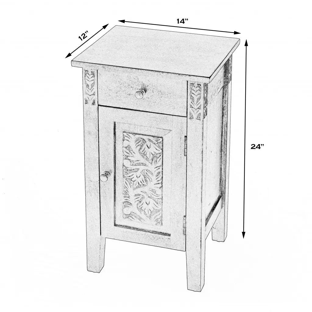 24" Natural Brown Solid Wood End Table With Door and Drawer Homeroots Living Room