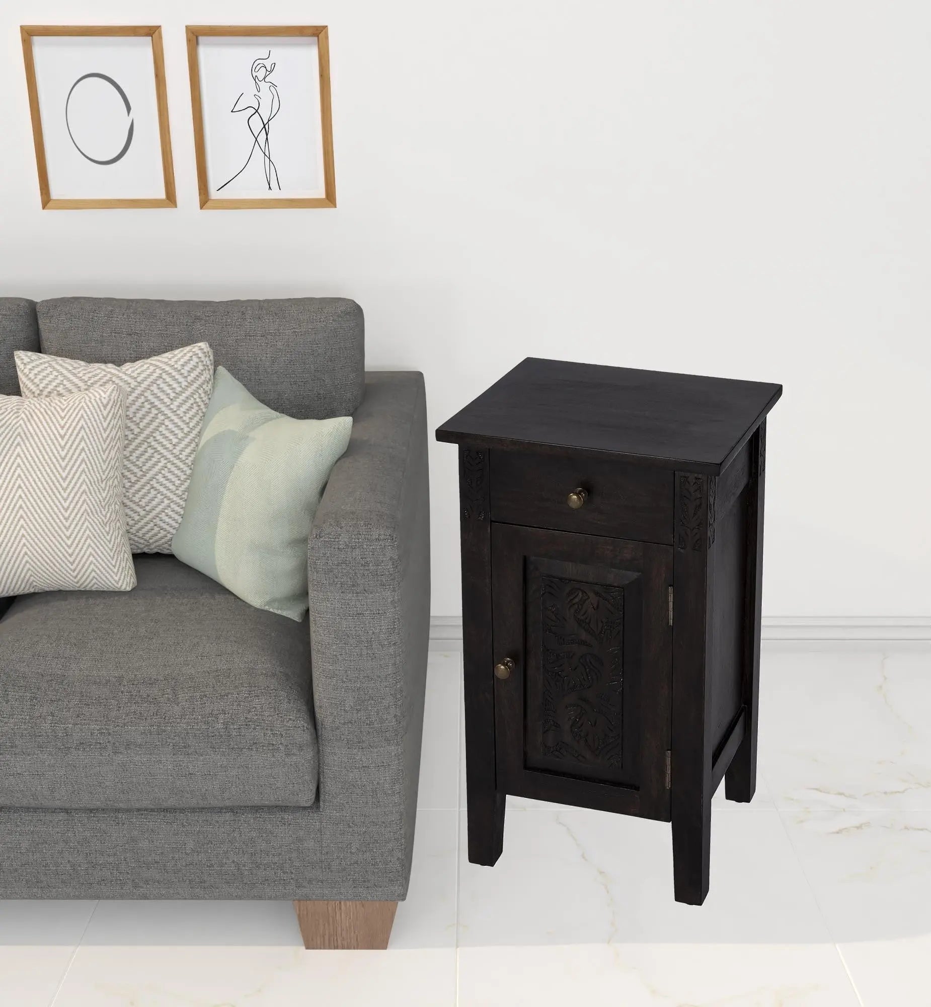 24" Natural Brown Solid Wood End Table With Door and Drawer Homeroots Living Room