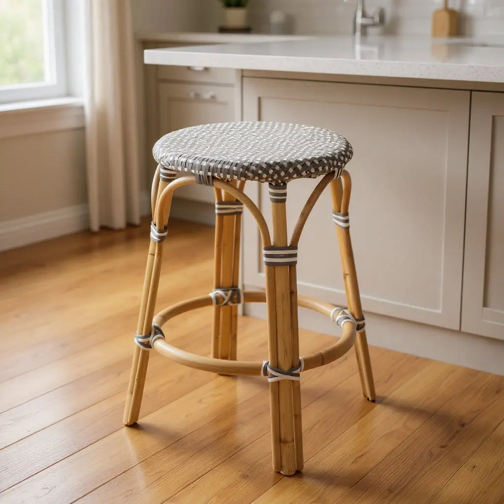 24" Natural Gray And Heavy Duty Plastic and Rattan Backless Counter Height Bar Chair - GreatEagleInc