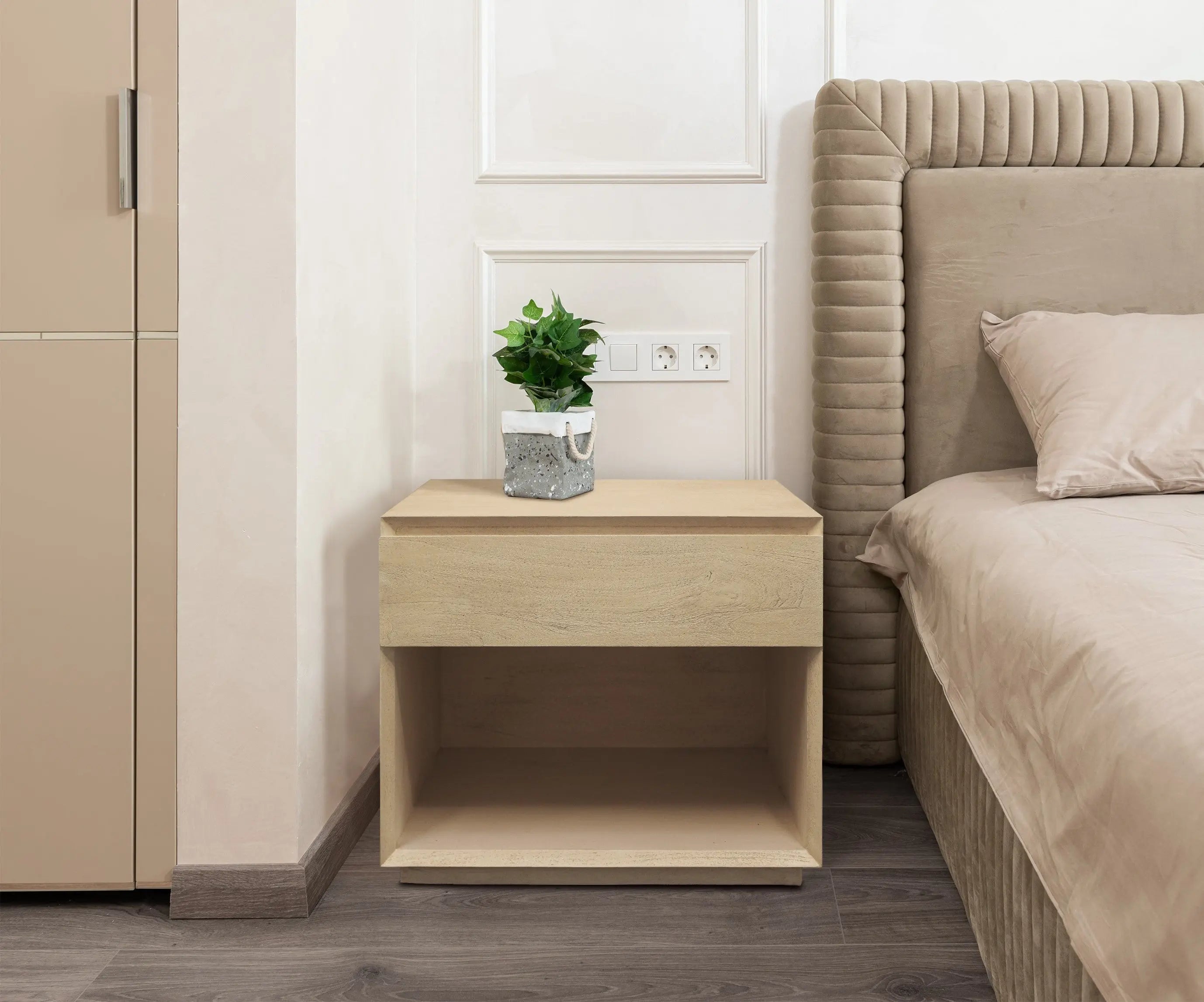 24" Natural Solid Wood Ribbed Texture One Drawer Nightstand Homeroots Bed & Bath