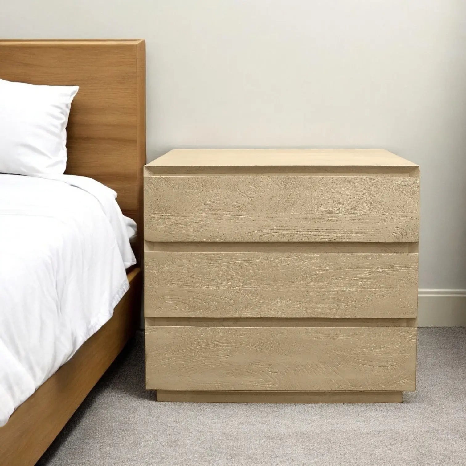 24" Natural Solid Wood Ribbed Texture Three Drawer Nightstand Homeroots Bed & Bath