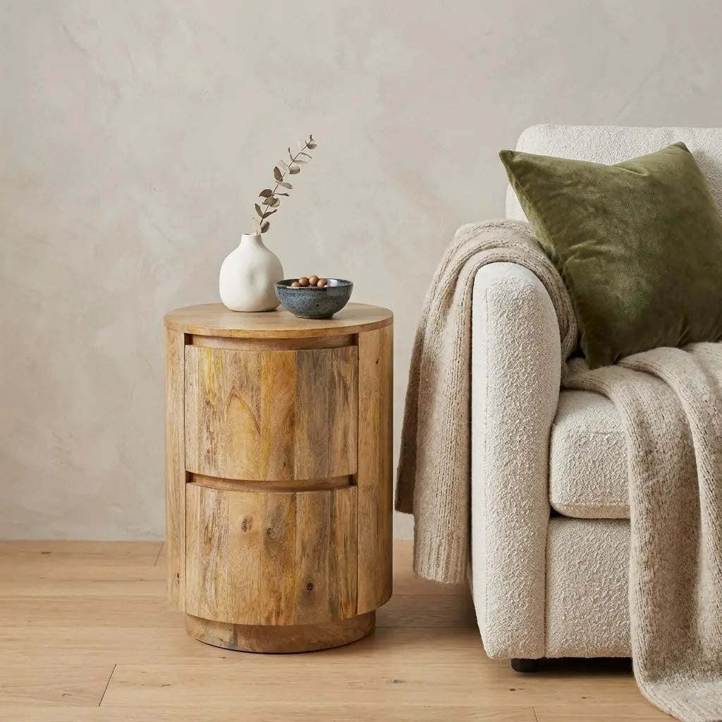 24" Natural Solid Wood Round Drum End Table With Two Drawers Homeroots Living Room