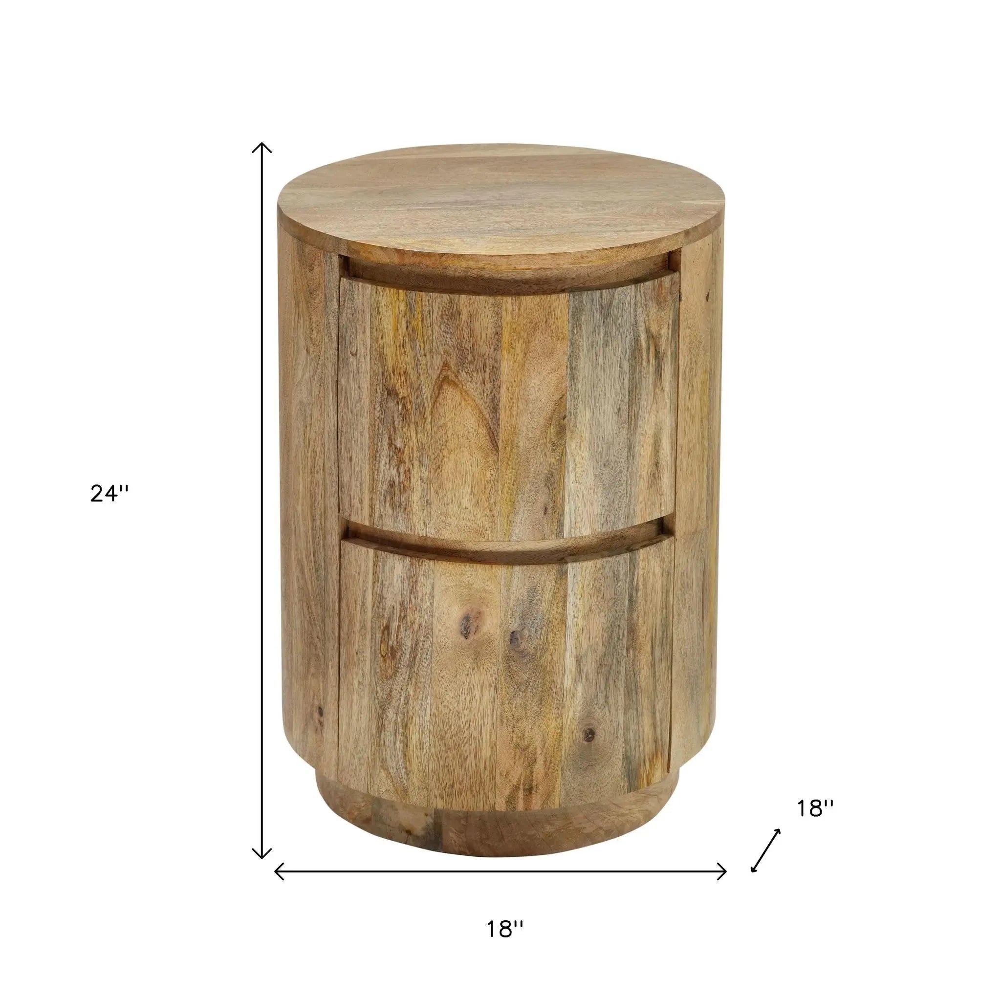 24" Natural Solid Wood Round Drum End Table With Two Drawers Homeroots Living Room