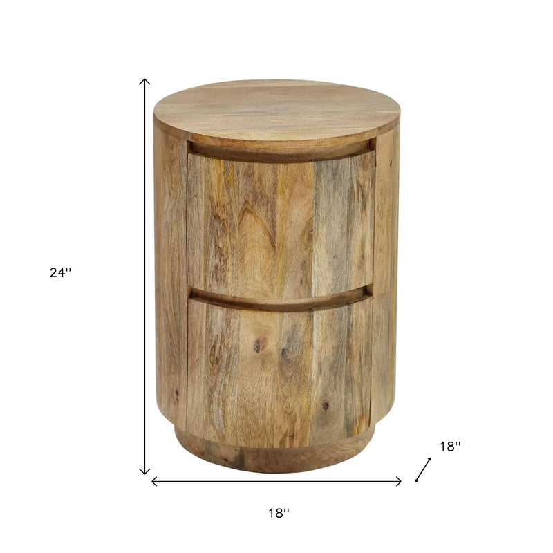24" Natural Solid Wood Round Drum End Table With Two Drawers Homeroots Living Room