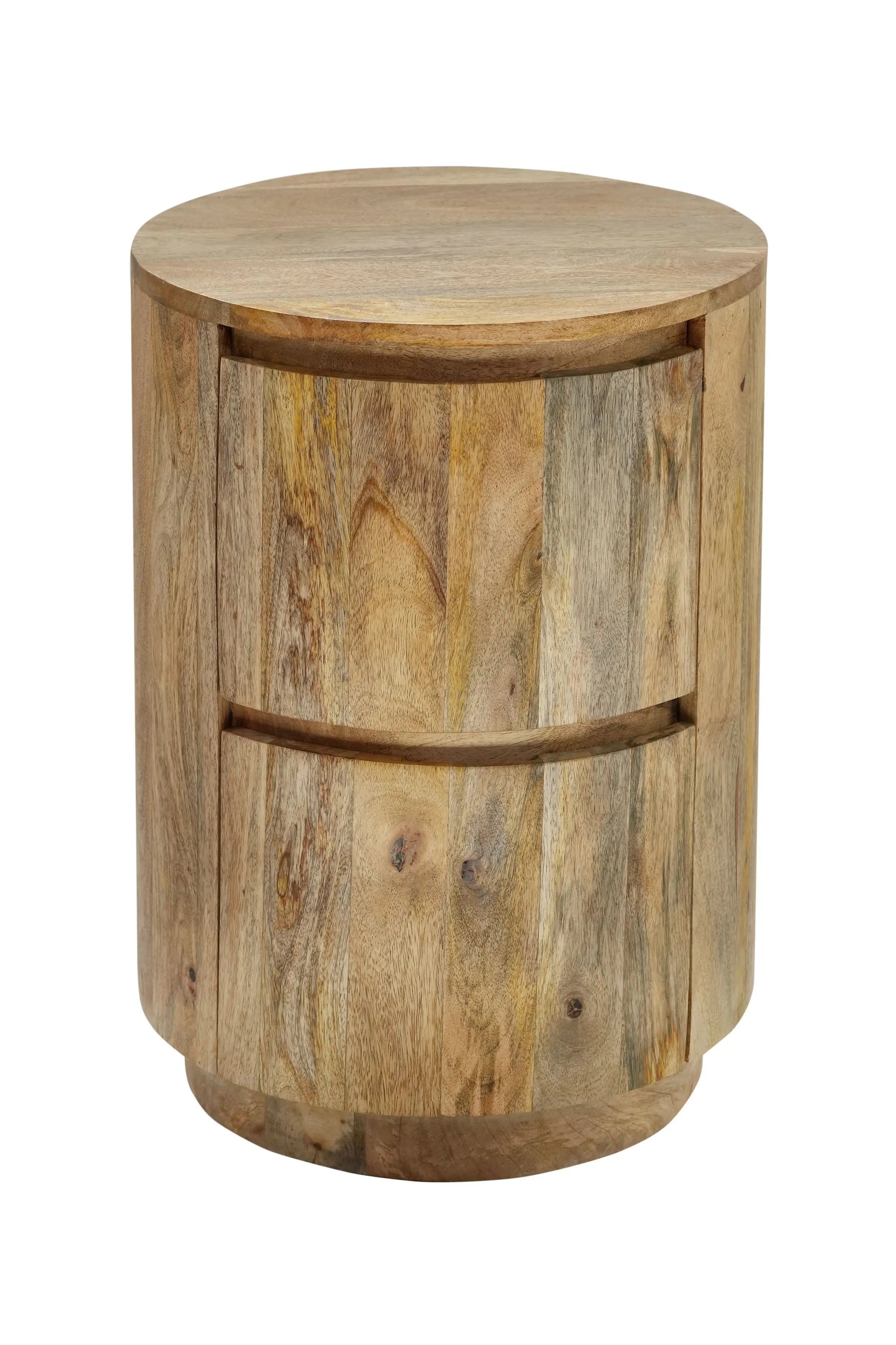 24" Natural Solid Wood Round Drum End Table With Two Drawers Homeroots Living Room