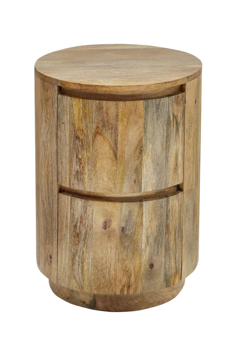 24" Natural Solid Wood Round Drum End Table With Two Drawers Homeroots Living Room