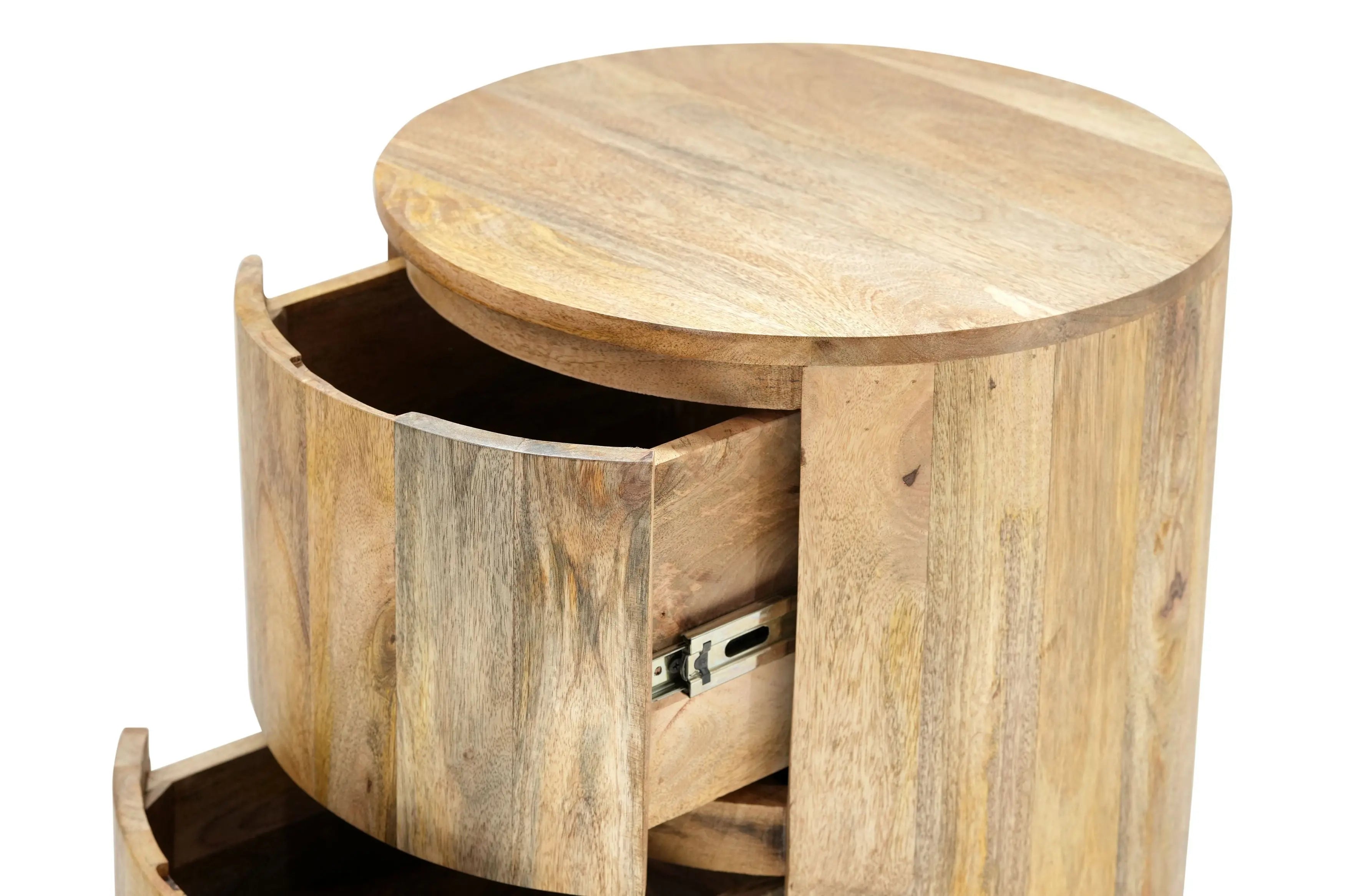 24" Natural Solid Wood Round Drum End Table With Two Drawers Homeroots Living Room