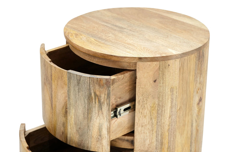 24" Natural Solid Wood Round Drum End Table With Two Drawers Homeroots Living Room