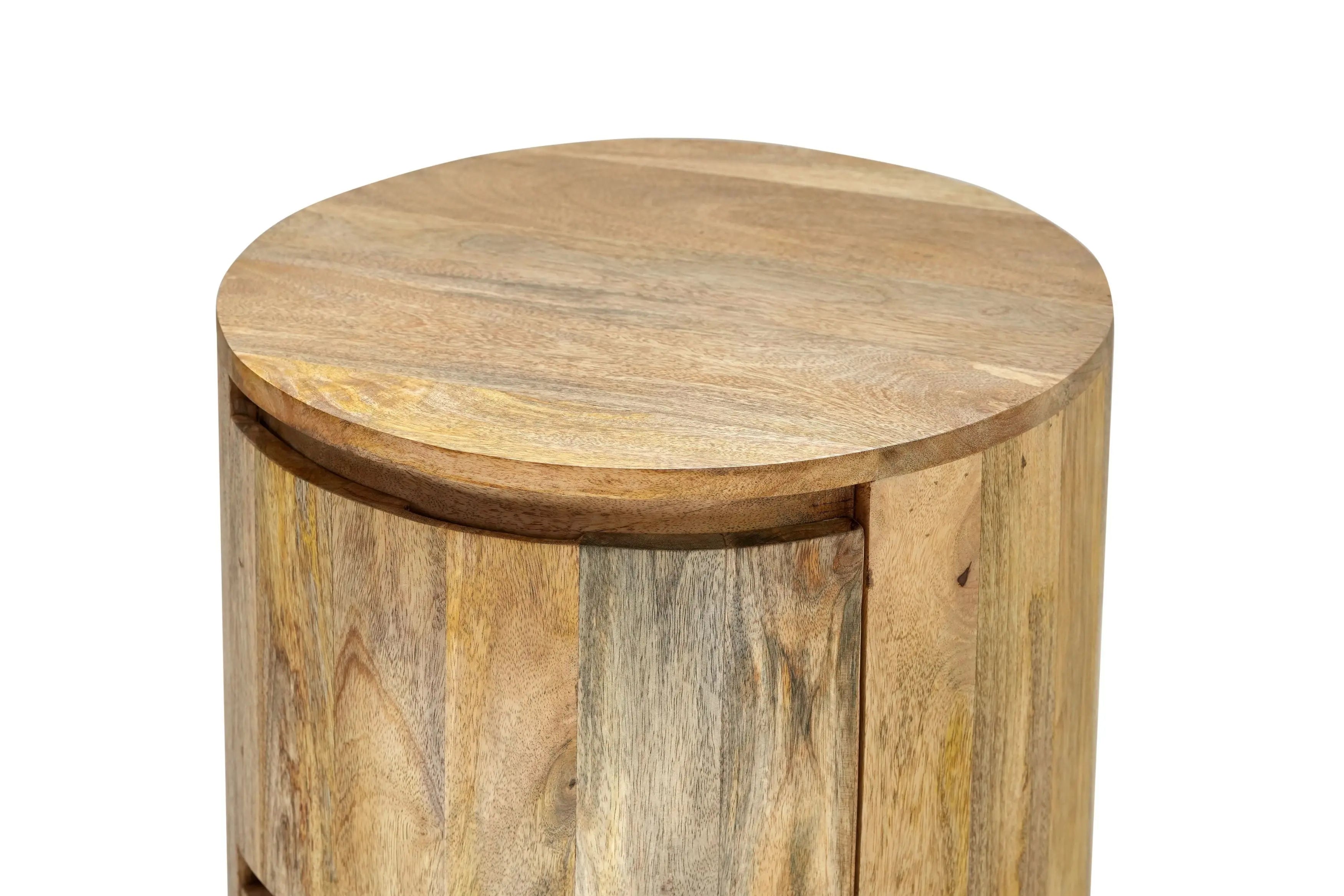 24" Natural Solid Wood Round Drum End Table With Two Drawers Homeroots Living Room