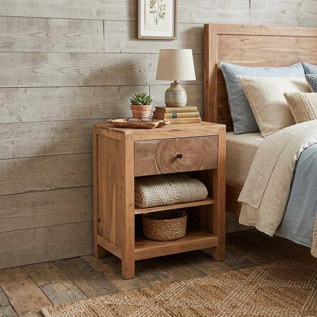 24" Natural Solid Wood Square Live Edge One Drawer Nightstand Homeroots Bed & Bath