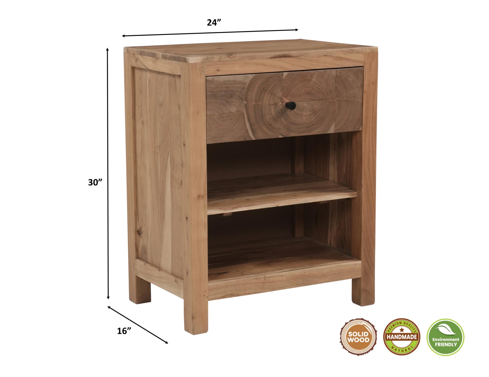 24" Natural Solid Wood Square Live Edge One Drawer Nightstand Homeroots Bed & Bath