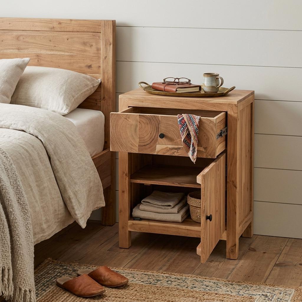 24" Natural Solid Wood Square Live Edge One Drawer Nightstand Homeroots Bed & Bath