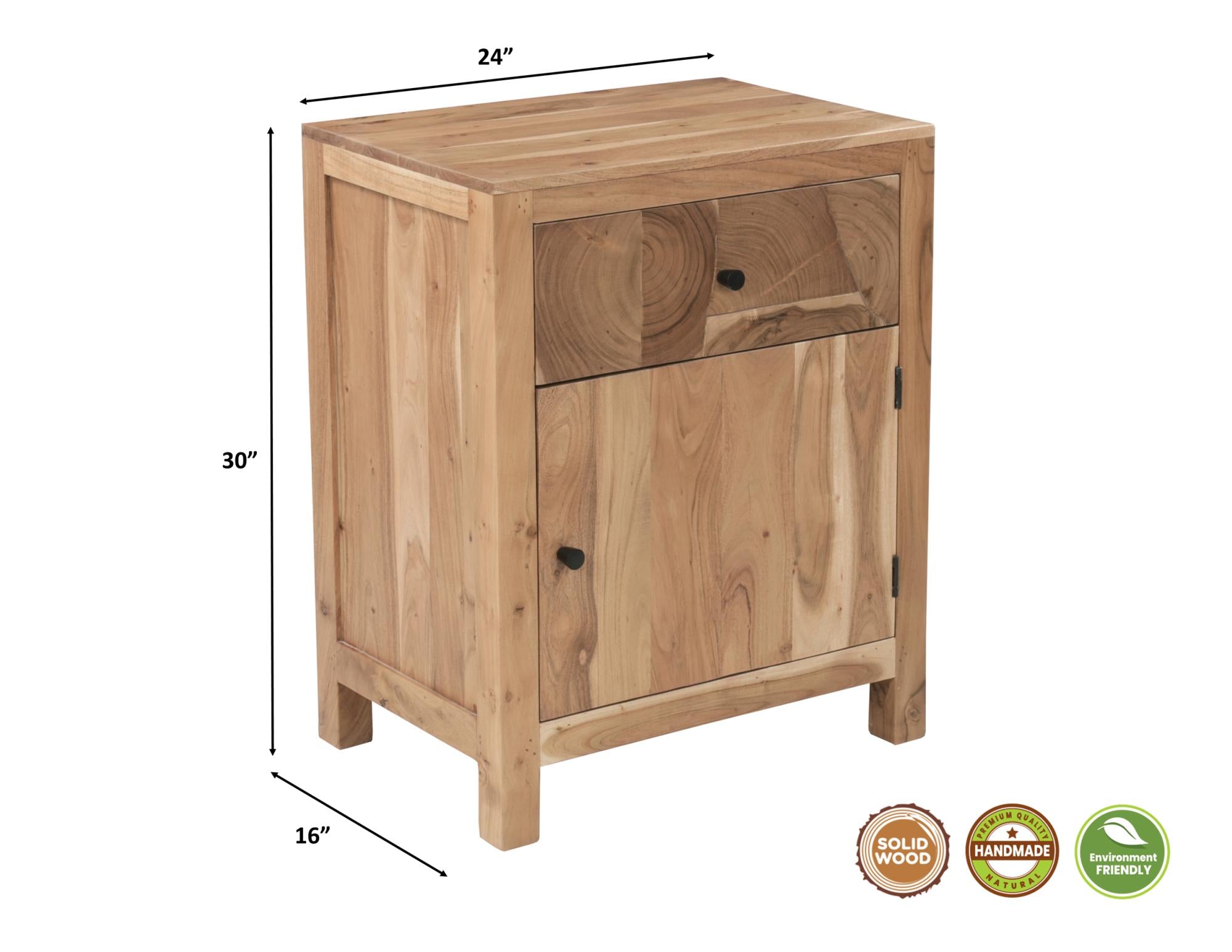 24" Natural Solid Wood Square Live Edge One Drawer Nightstand Homeroots Bed & Bath