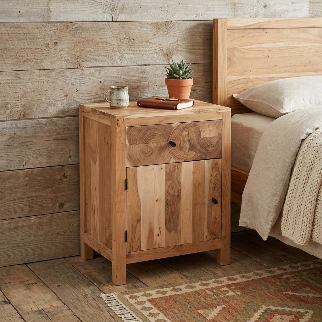 24" Natural Solid Wood Square Live Edge One Drawer Nightstand Homeroots Bed & Bath