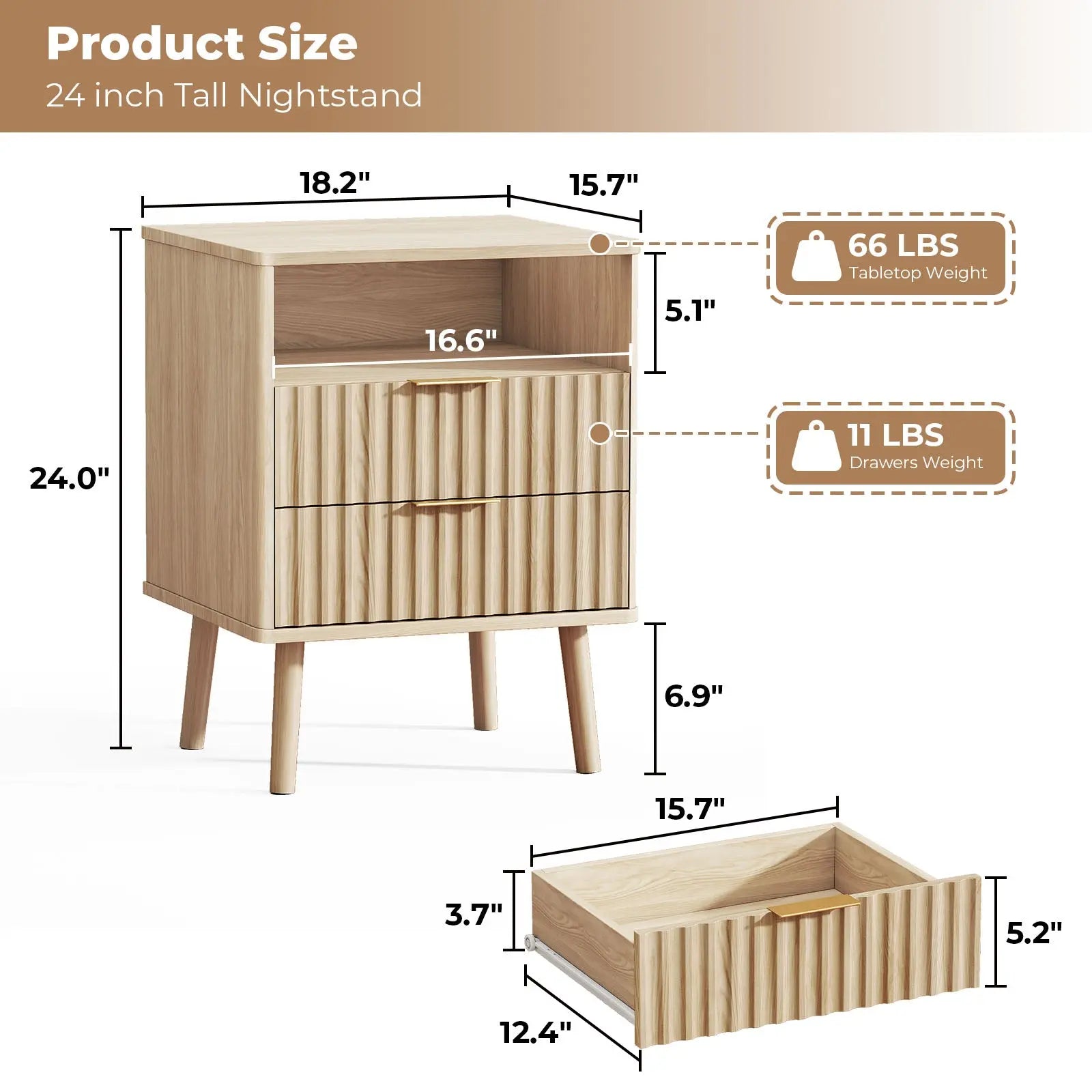 24" Natural Wood Ribbed Texture And Mirrored Glass Two Drawer Nightstand Homeroots Bed & Bath